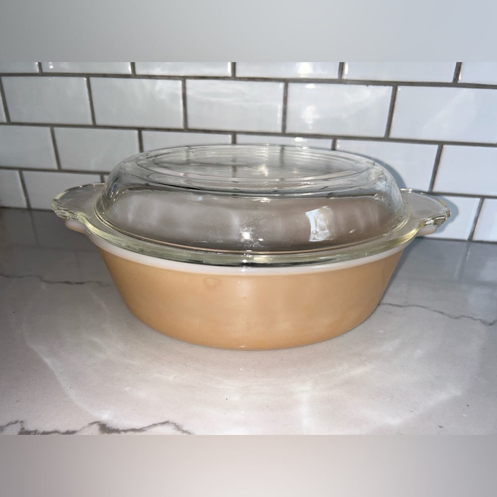 Fire-King Peach Luster Lidded Casserole Dish Rare Reversed Logo Collectible